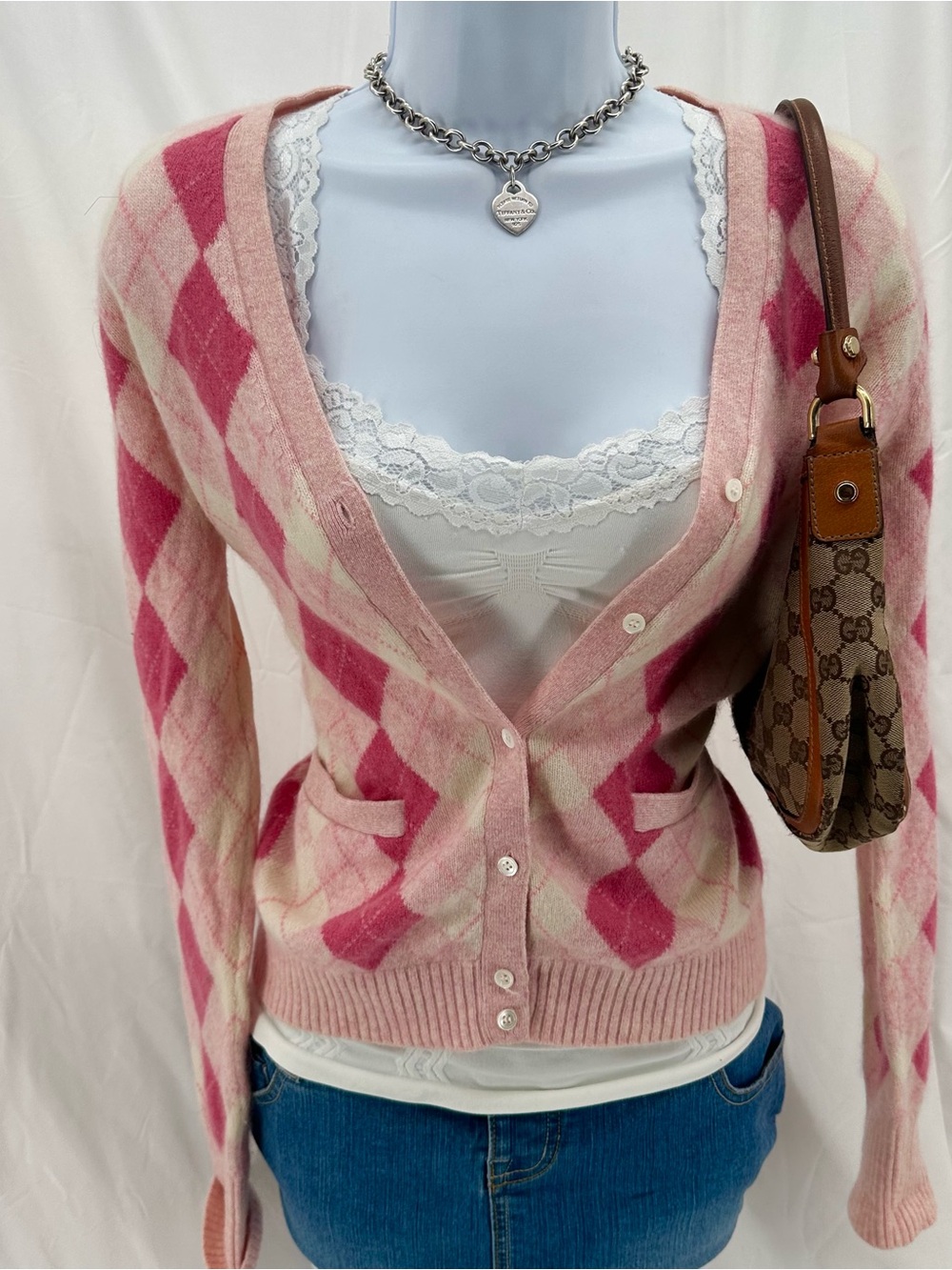 Coquette Cashmere 2000s J Crew Pink Argyle Cardigan